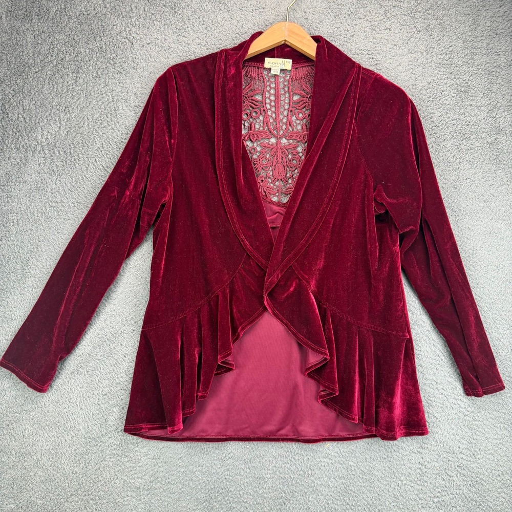 One World Velvet Lace Back Cardigan Red Open Front Ruffle Hem PXL Womens